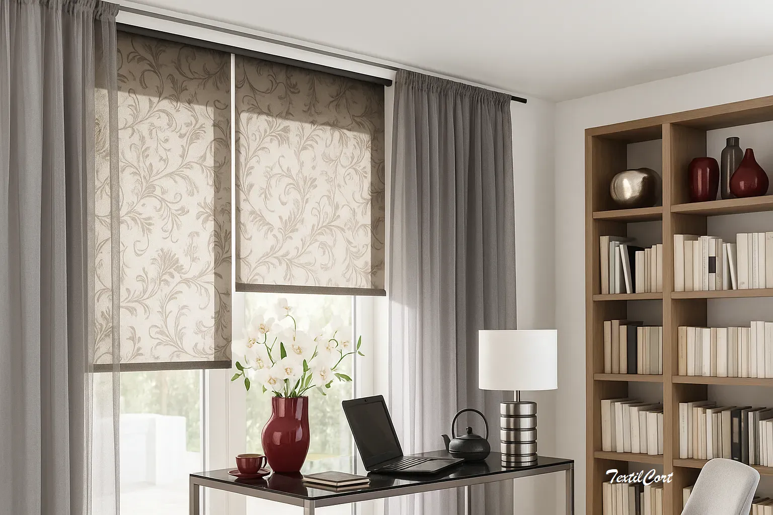 Estores enrollables resinados estampados con cortina textilcort