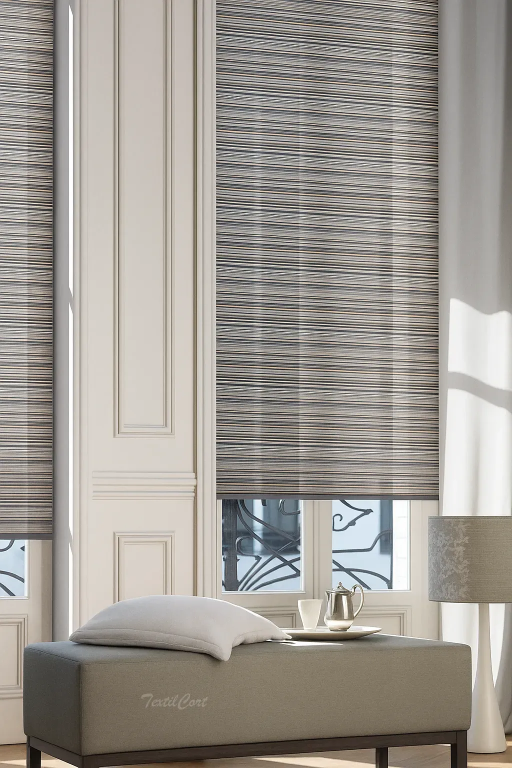 Estores enrollables resinados jaspeados blanco gris textilcort