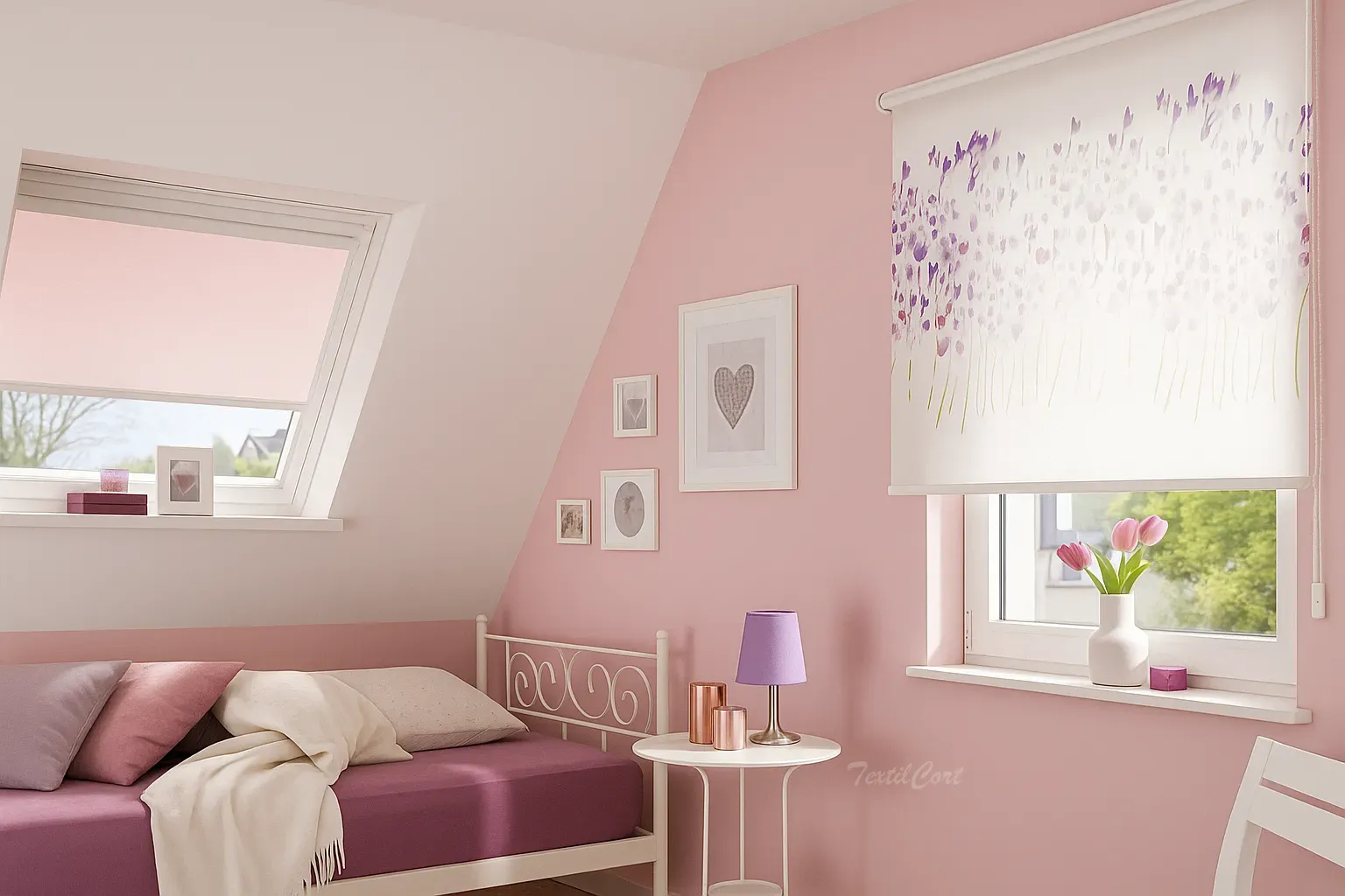 Estores enrollables resinados liso y estampado rosa textilcort