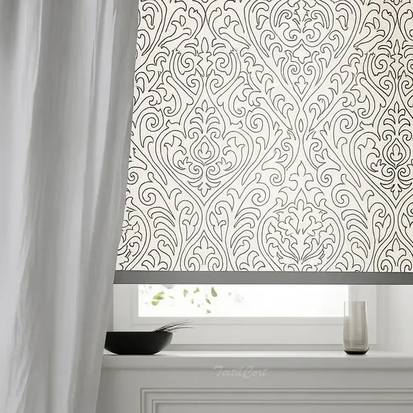 Estor enrollable resinado grabado blanco negro TextilCort