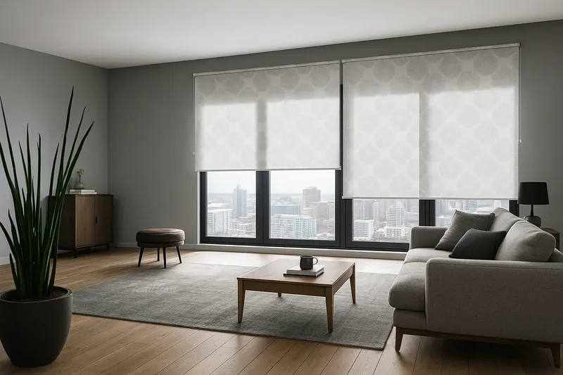 Estores enrollables resinados estampados blanco gris salon TextilCort