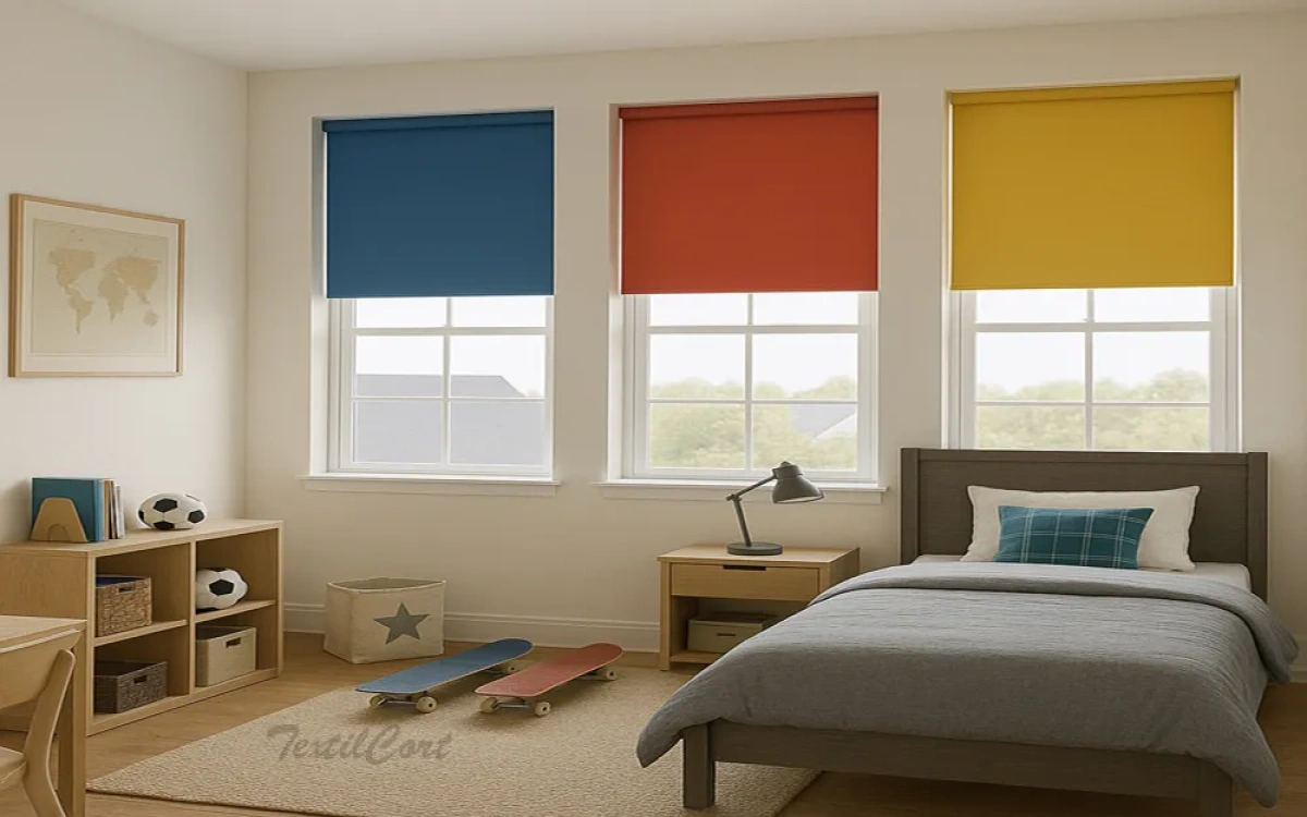 Estores enrollables opacos de colores en dormitorio juvenil