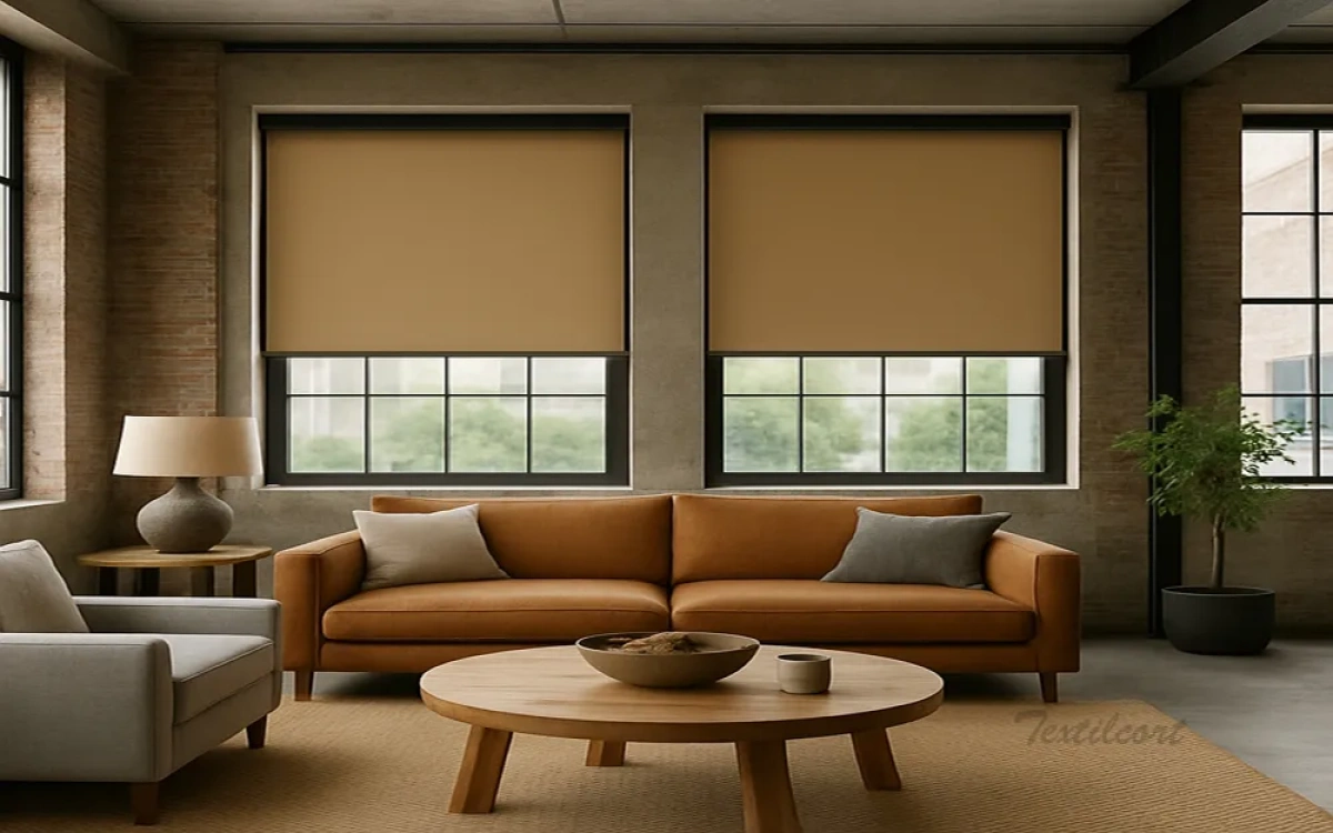 Estor enrollable opaco beige en ambiente industrial