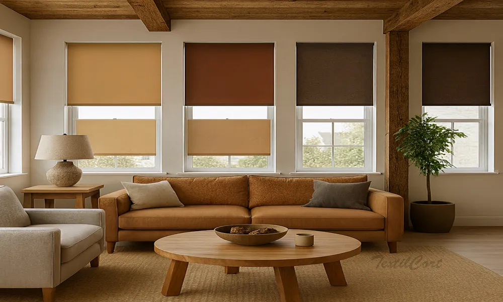 Foto estores enrollables opacos colores tierra en salón