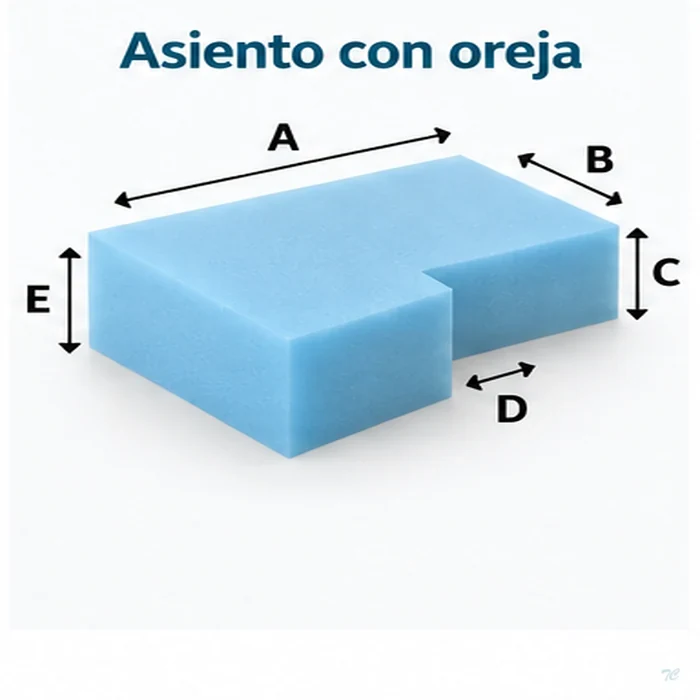 Espuma para asiento con oreja o forma en L con indicación de medidas