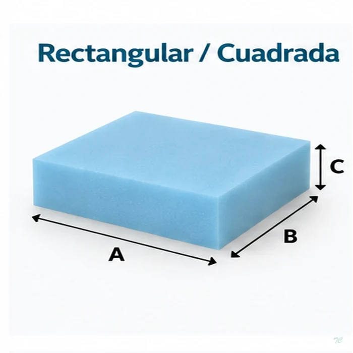 Espuma rectangular o cuadrada a medida con indicación de medidas A, B y C