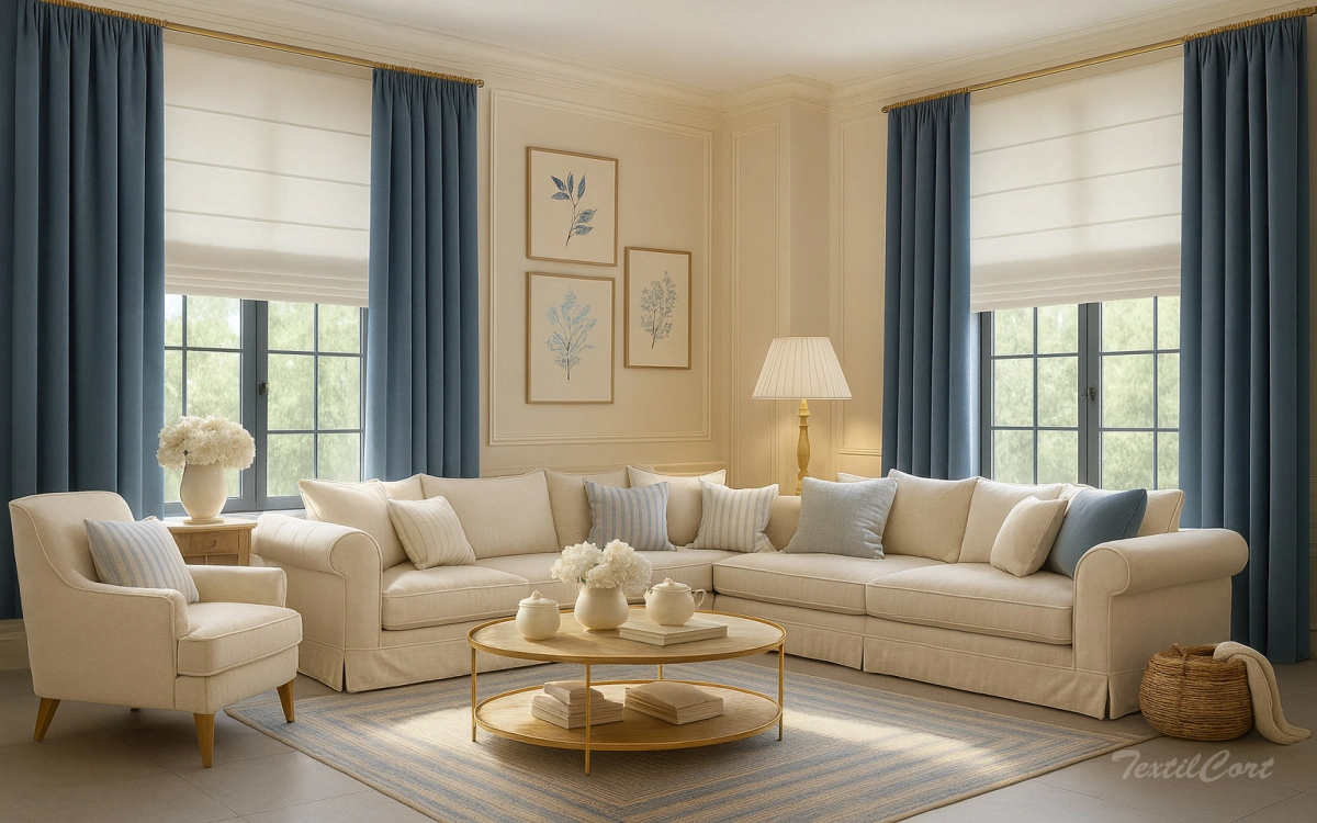 Salon Clasico Estores Naturales Con Cortinas Azules Azafata Textilcort
