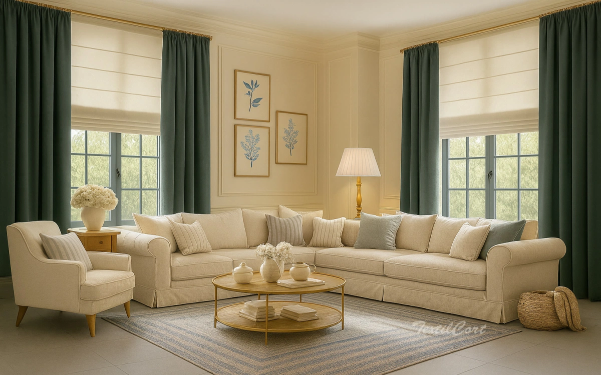 Salon Clasico Estores Naturales Con Cortinas Verde Musgo Textilcort