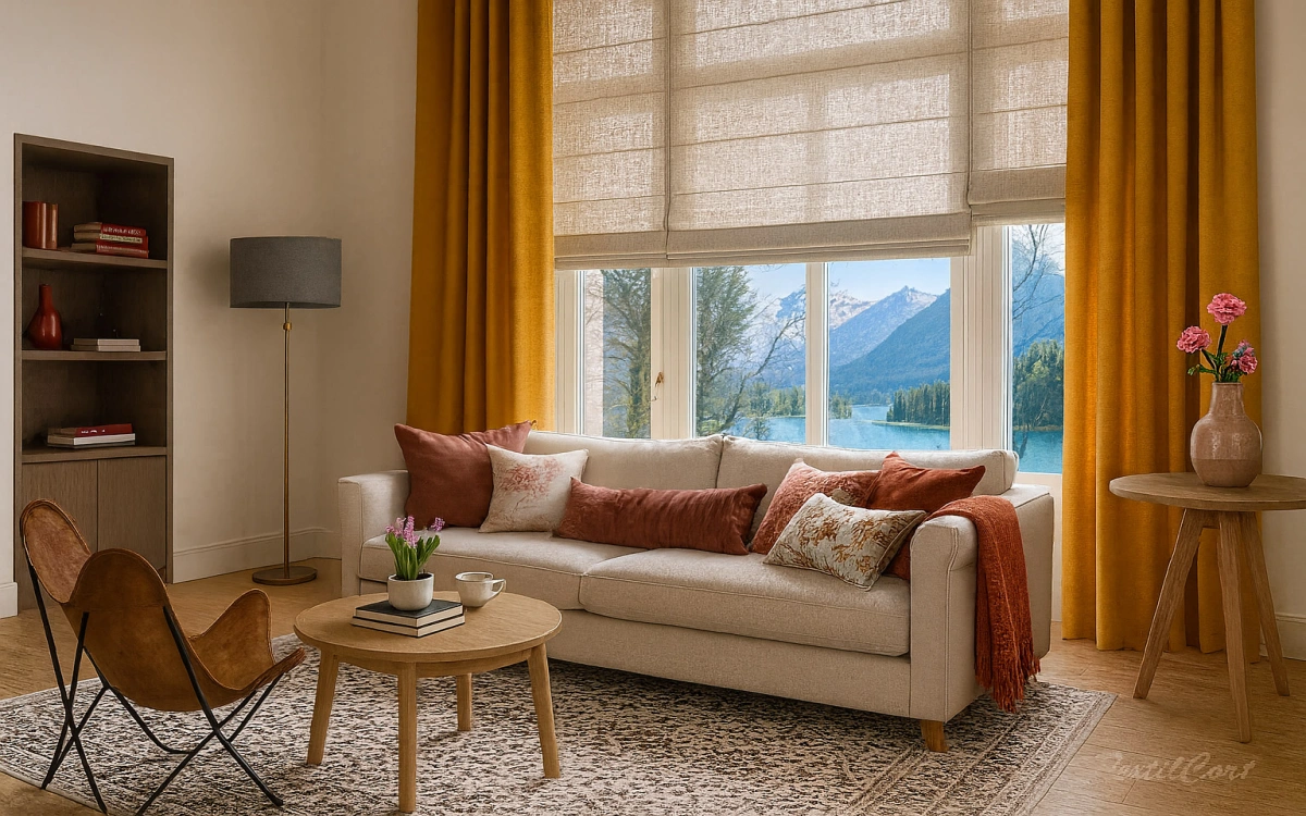 Salon Estores Plegables Con Cortina Ocre Textilcort