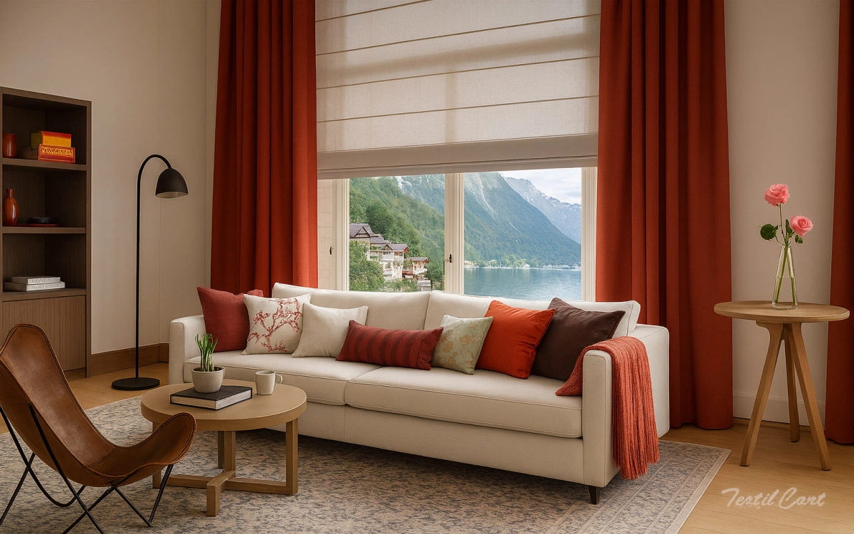 Salon Estores Plegables Con Cortina Roja Textilcort