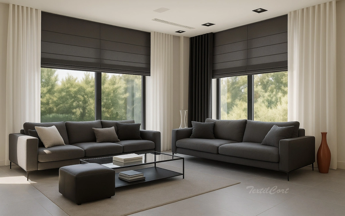 Salon Estores Plegables Grises Con Cortina Beige Y Negra Textilcort