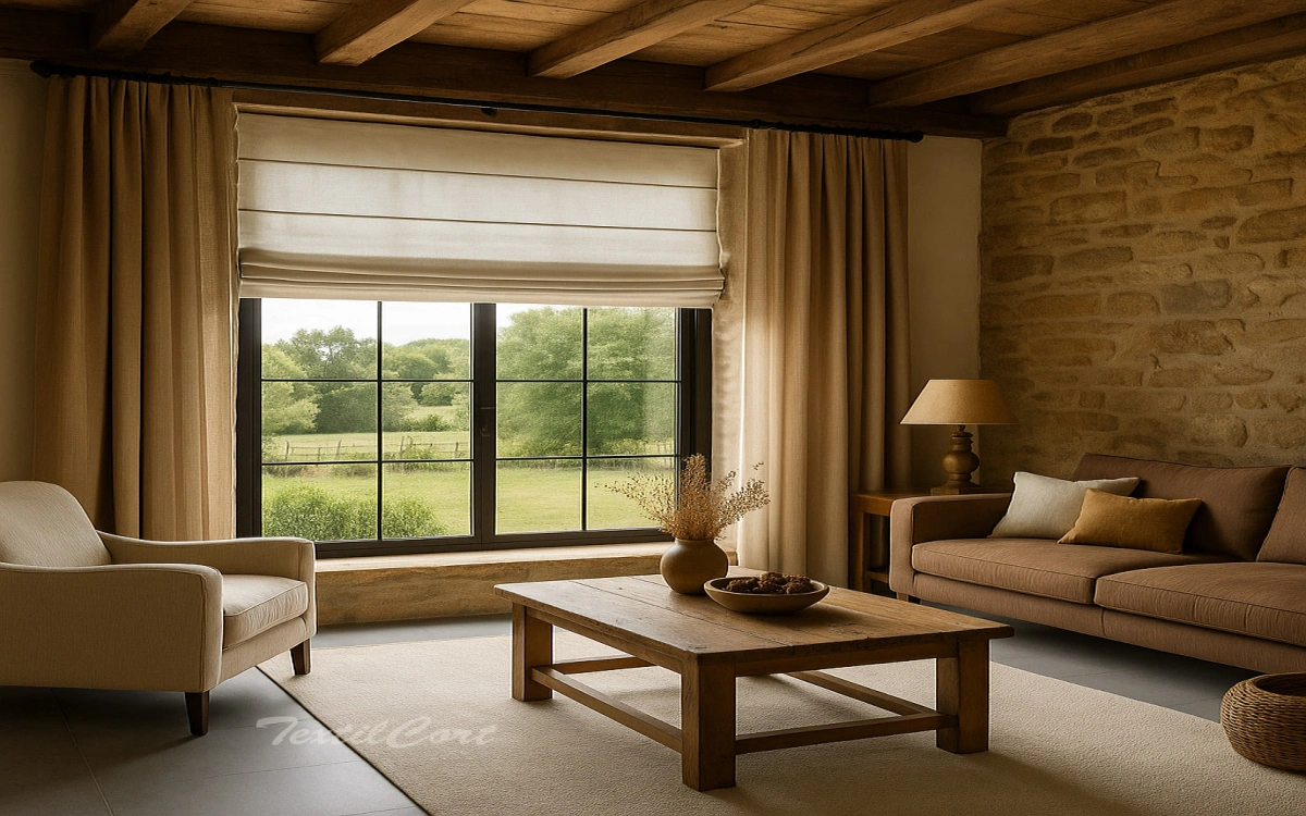Salon Rustico Estor Plegable Beig Cortinas Marron Textilcort