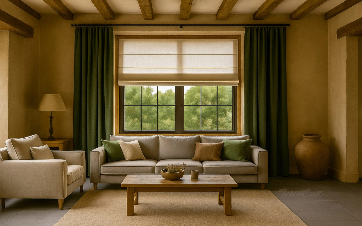 Salon Rustico Estor Plegable Natural Cortinas Verde Musgo Textilcort