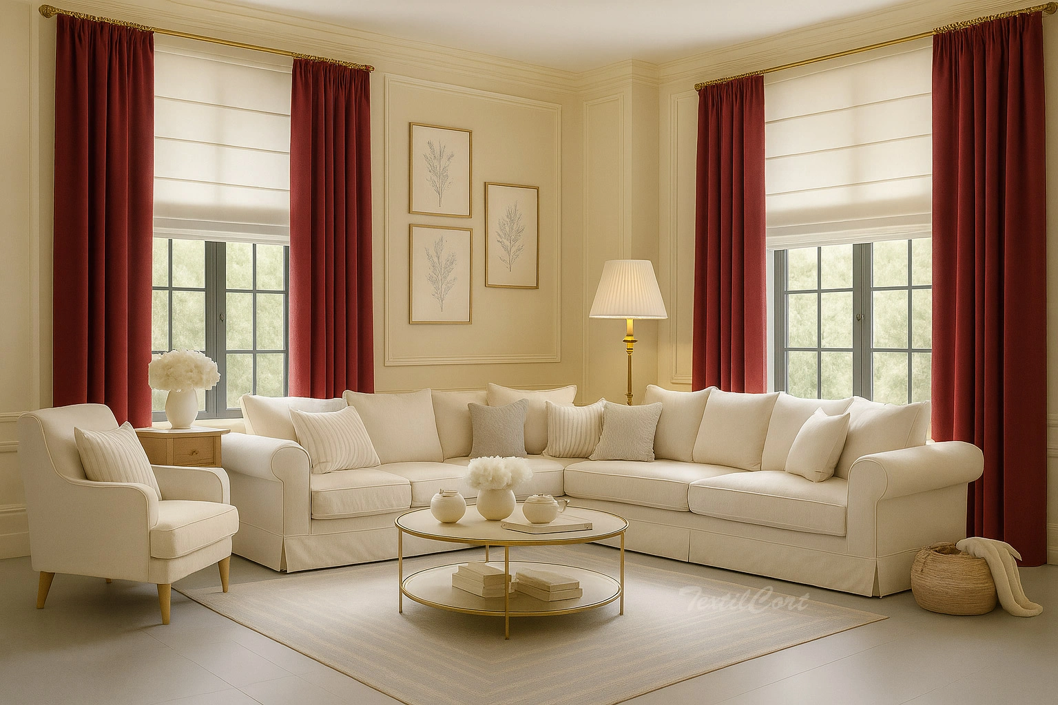 Salon Clasico Estores Naturales Con Cortinas Granate Textilcort