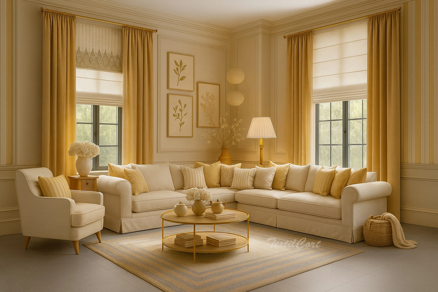 Salon Clasico Estores Naturales Con Cortinas Ocre Textilcort
