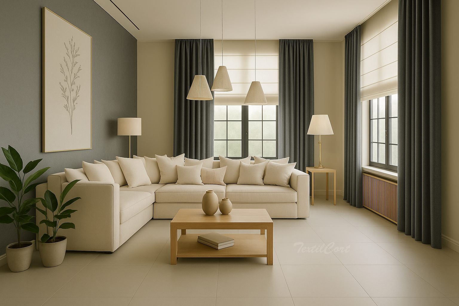 Foto detalle estores paqueto con cortina color ocre