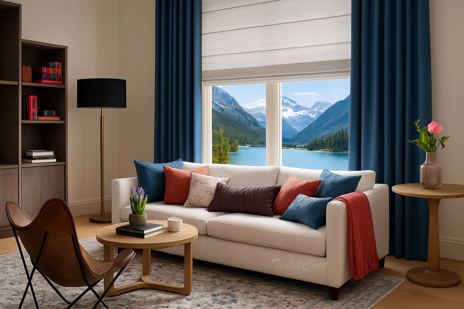 Salon Estores Plegables Con Cortina Azul Textilcort