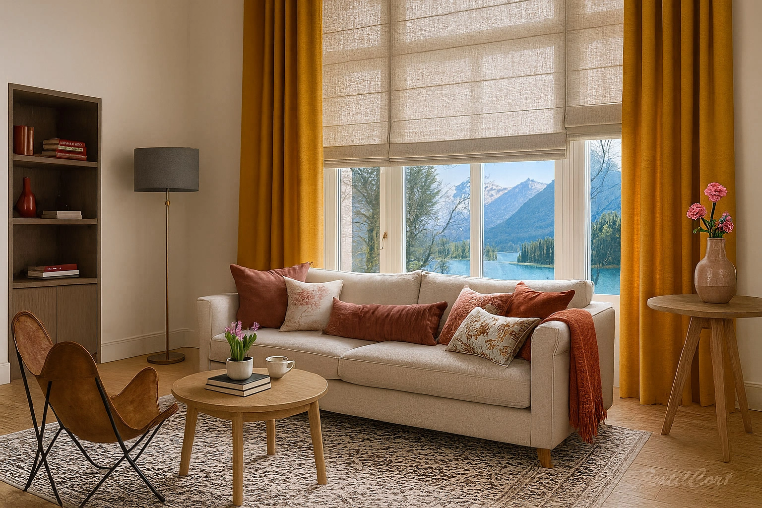 Salon Estores Plegables Con Cortina Ocre Textilcort