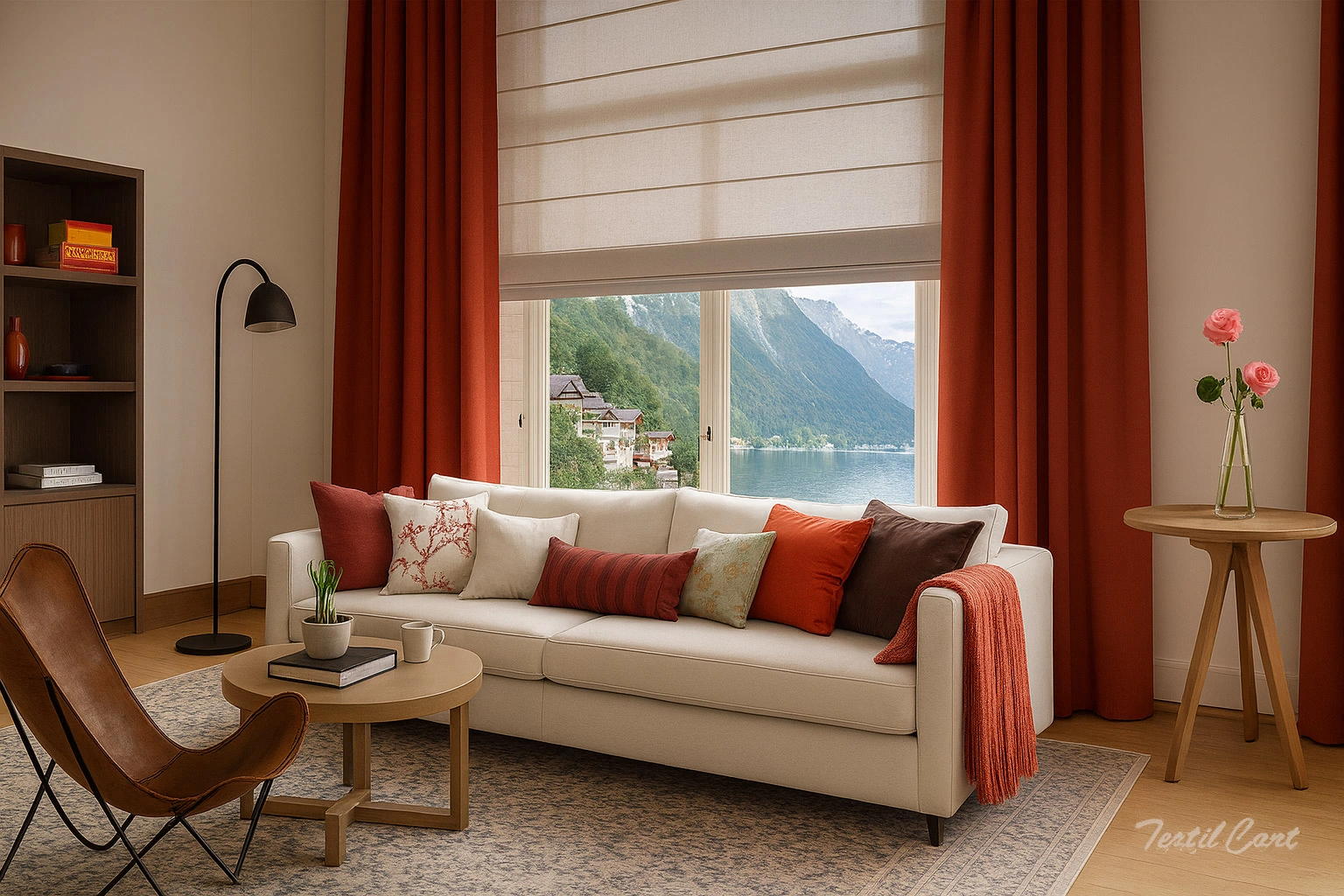 Salon Estores Plegables Con Cortina Roja Textilcort