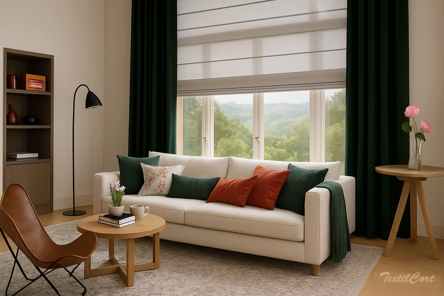 Salon Estores Plegables Con Cortina Verde Textilcort