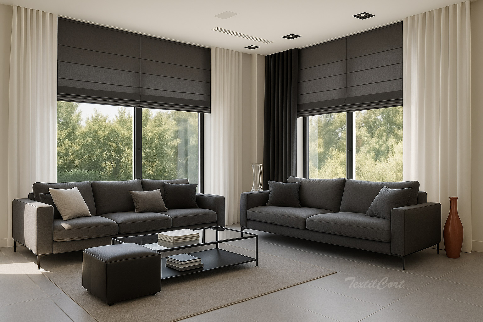 Salon Estores Plegables Grises Con Cortina Beige Y Negra Textilcort