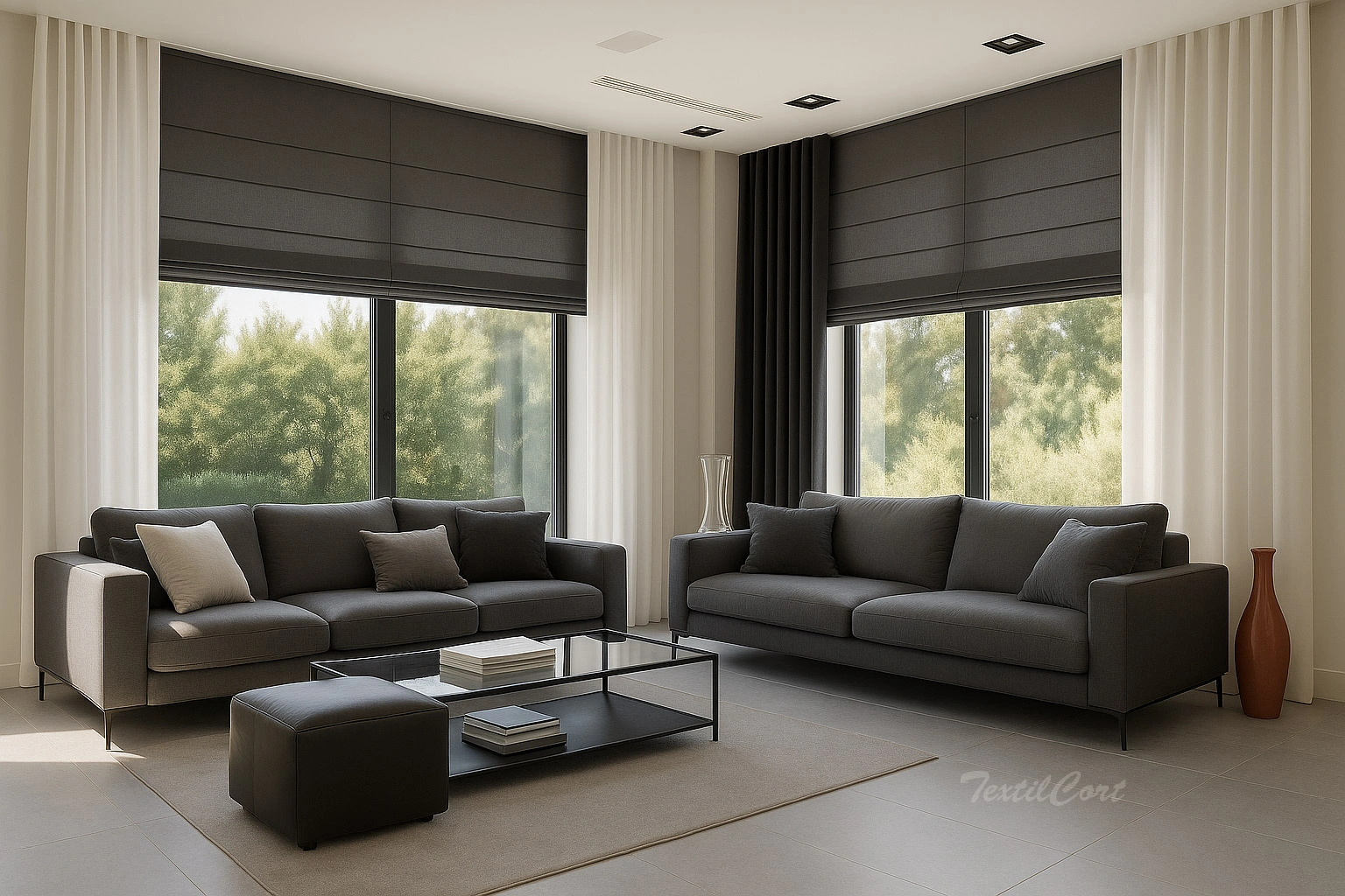 Salon Estores Plegables Grises Con Cortina Beige Y Negra Textilcort