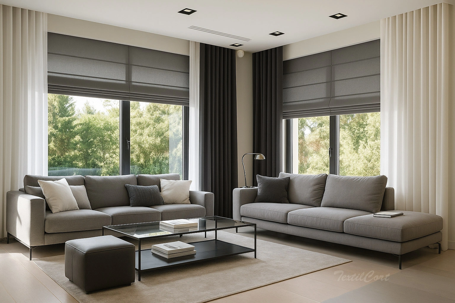 Salon Estores Plegables Grises Con Cortina Natural Textilcort