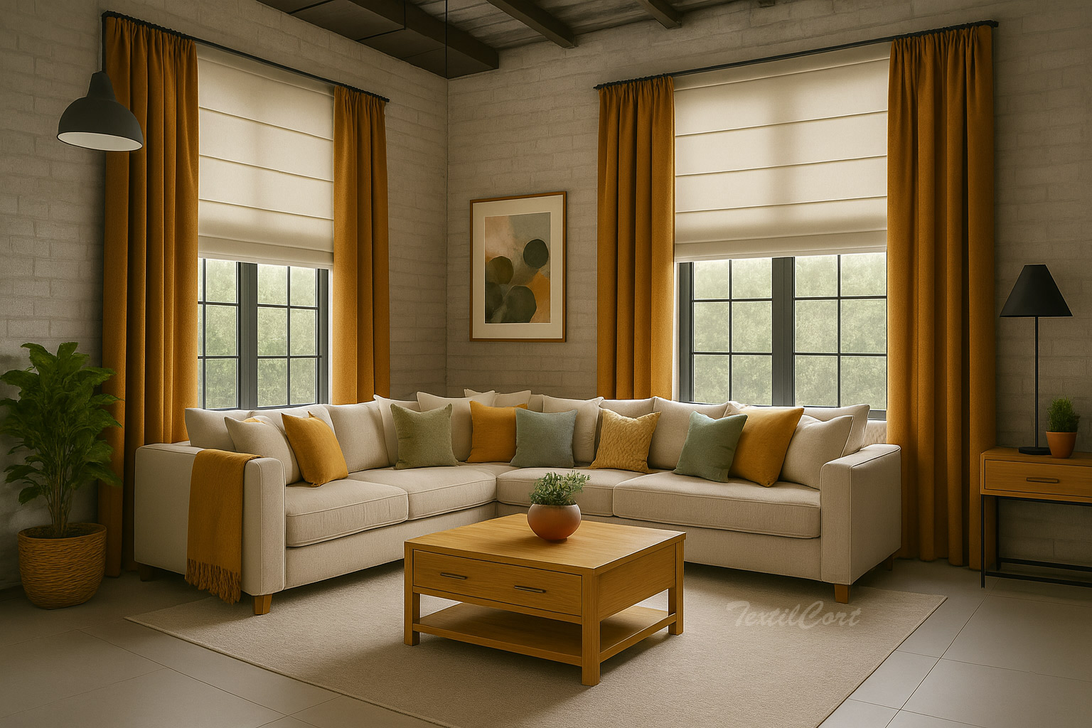 Foto detalle estores paqueto con cortina color ocre