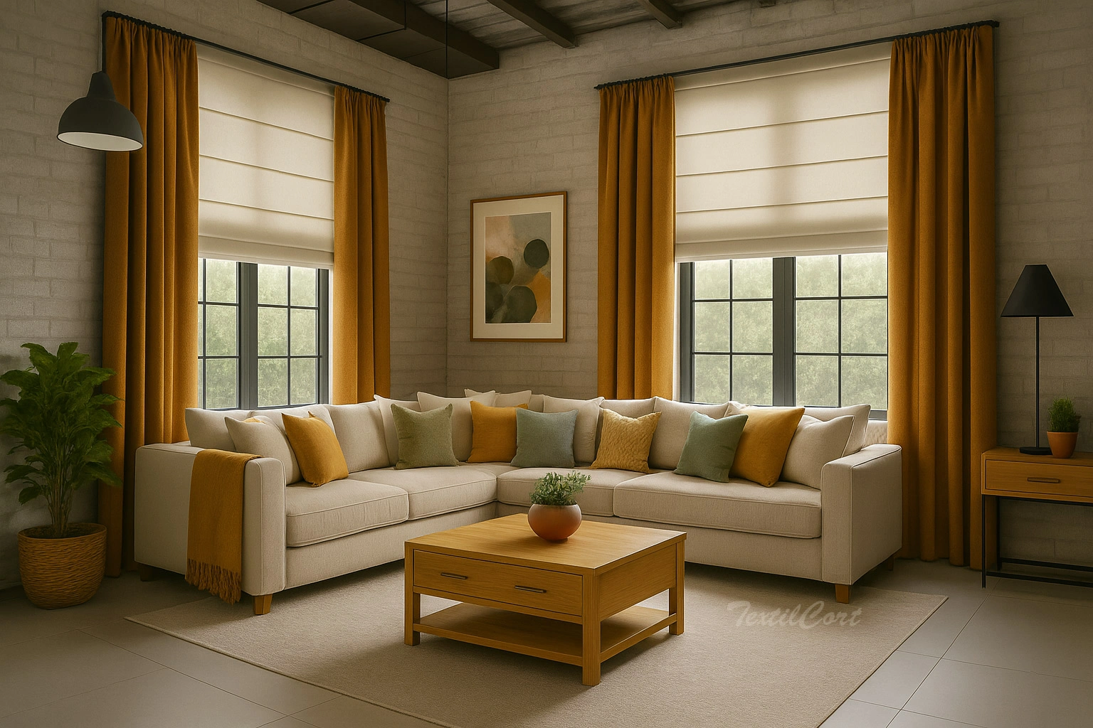 Salon Industrial Estores Naturales Cortinas Ocre Textilcort
