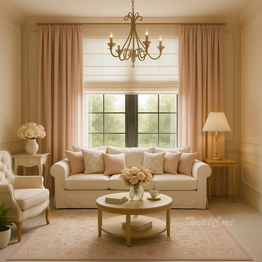 Salon Romantico Estor Natural Cortina Rosada Textilcort