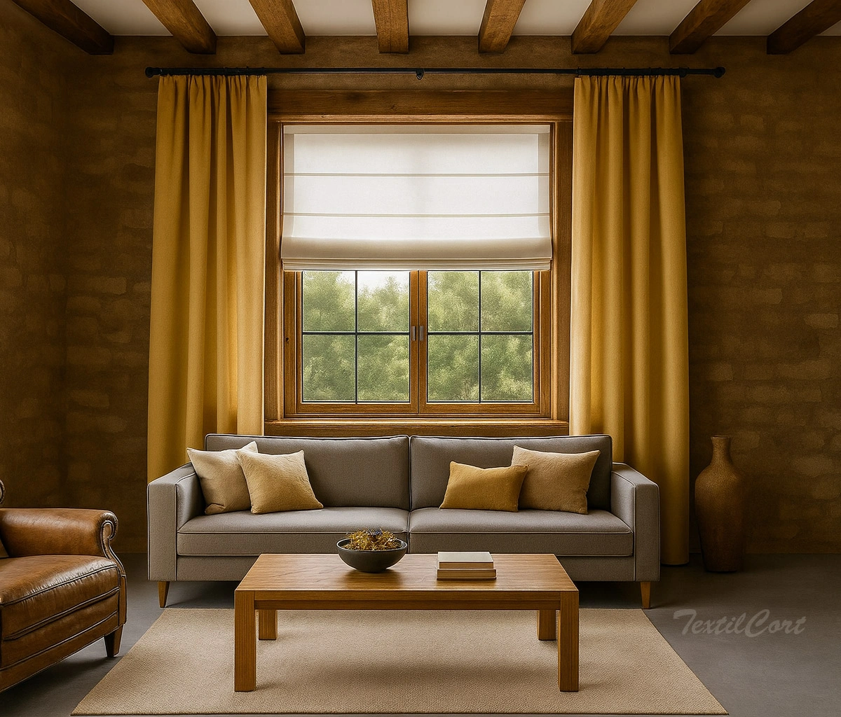 Salon Rustico Estor Plegable Natural Cortinas Ocre Textilcort
