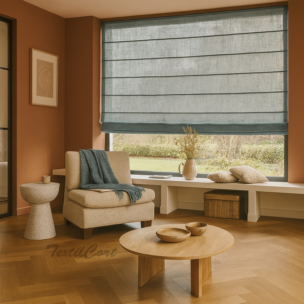 Salón moderno con pared terracota y estor paqueto translúcido azul azafata