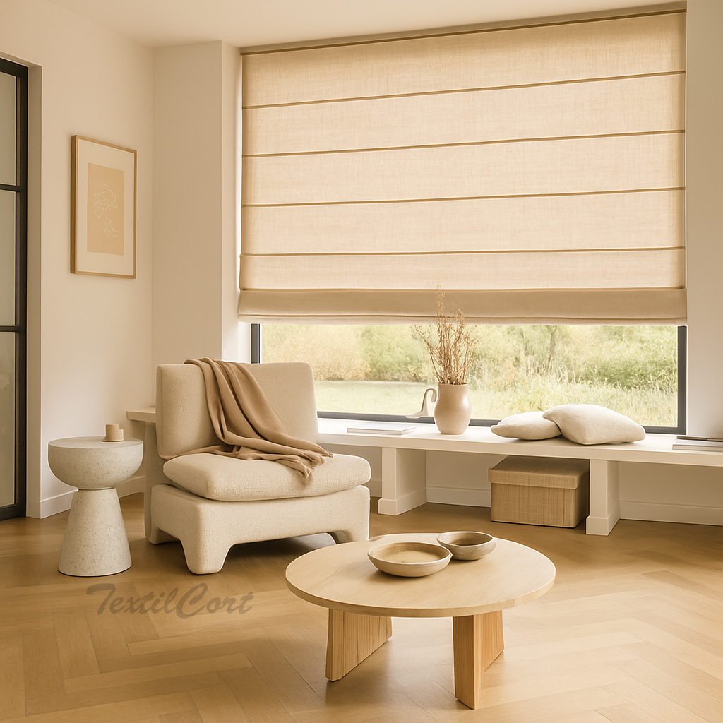 Salón moderno neutro con estor paqueto translúcido en color beige lino claro