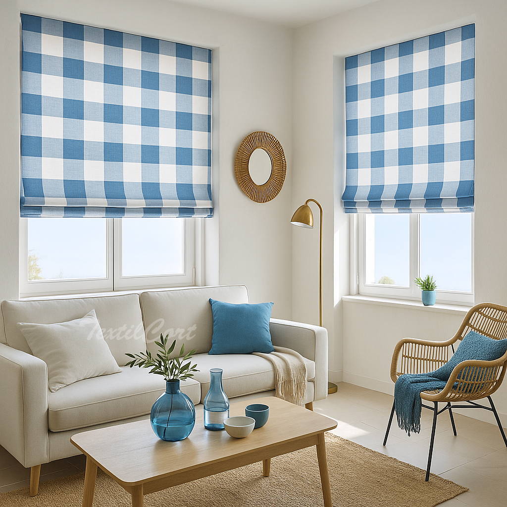 Salón mediterráneo con estor paqueto de cuadros azul y blanco en las ventanas