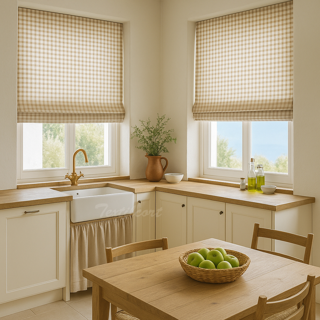 Cocina campestre con estor paqueto de cuadros vichy beige y blanco en las ventanas