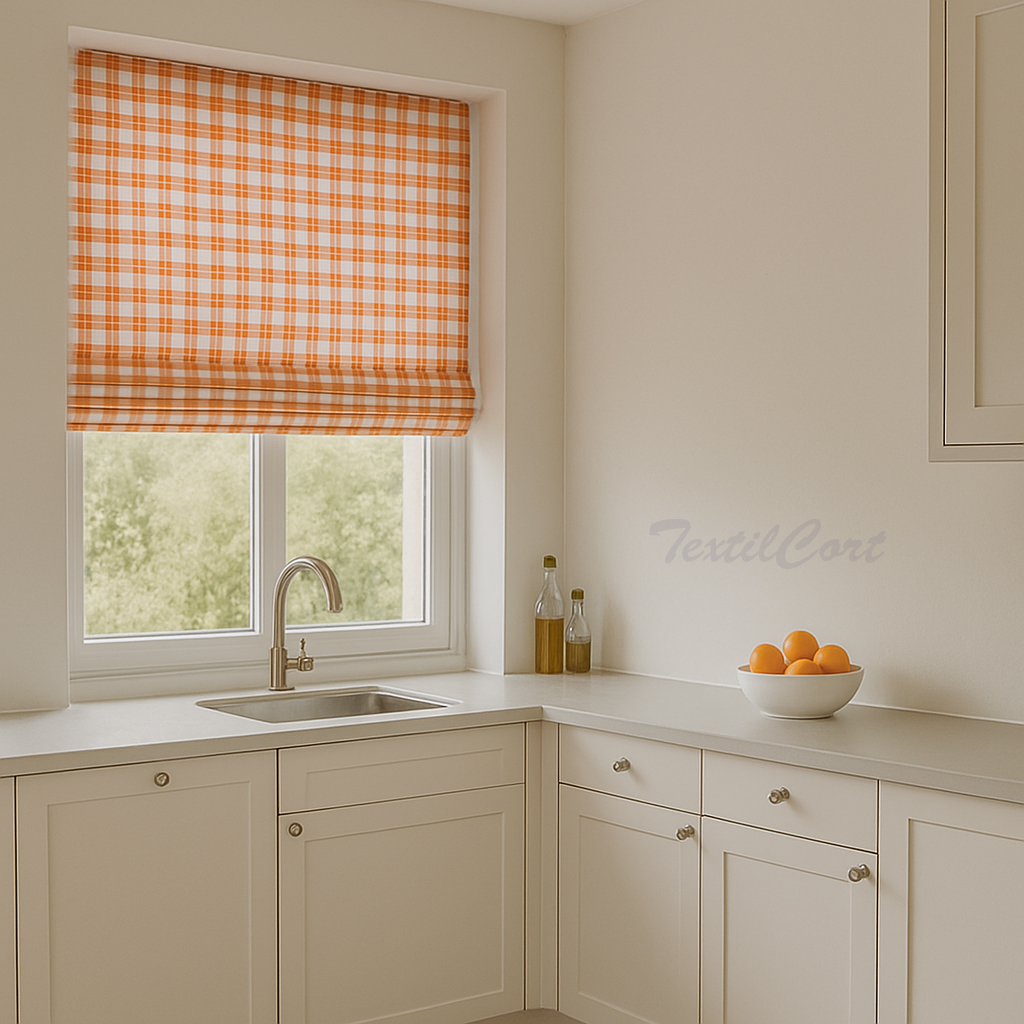 Cocina moderna con estor paqueto de cuadros vichy naranja y blanco en ventana grande