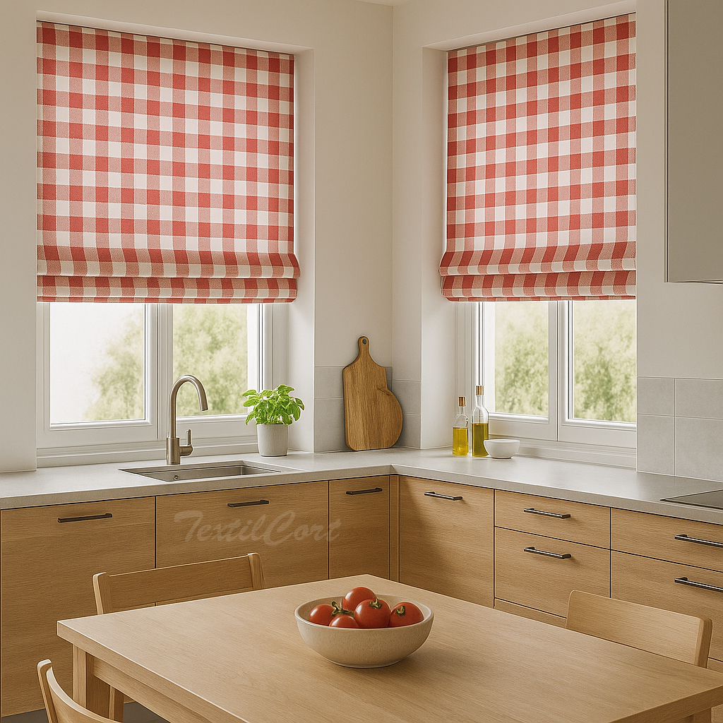 Cocina moderna con estor paqueto de cuadros vichy rojo y blanco en las ventanas