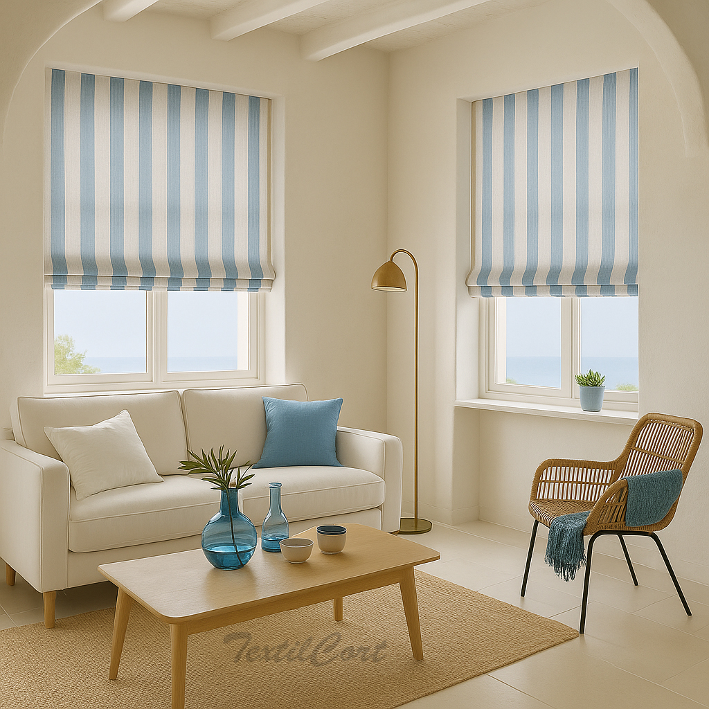 Salón mediterráneo ibicenco con estores paqueto listados azul mar y blanco