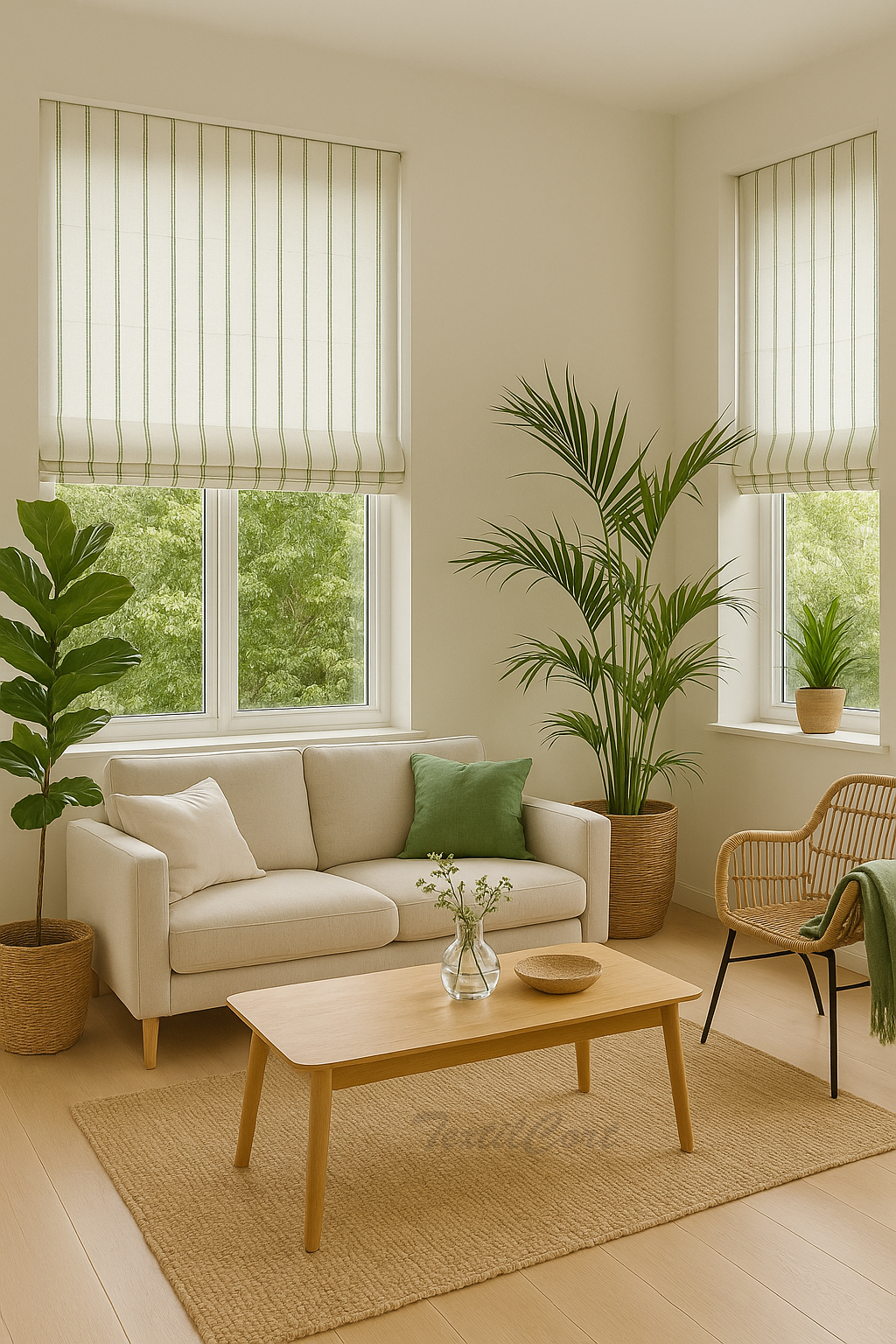 Salón luminoso con estor paqueto de listas finas en verde hoja y decoración natural con plantas