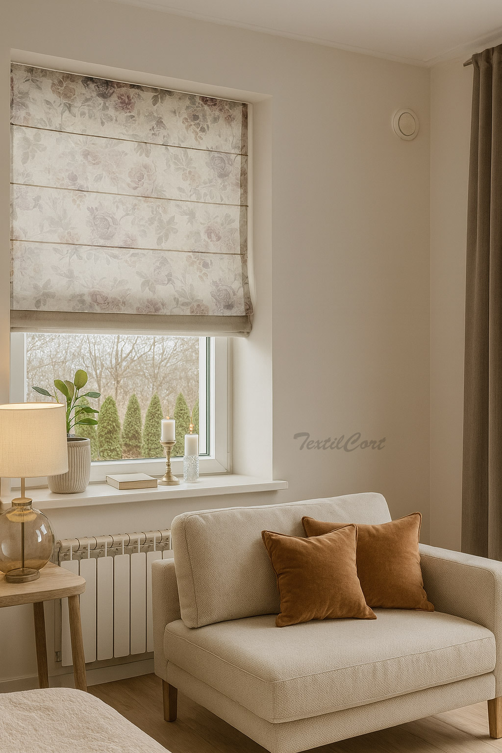 Foto detalle estor paqueto con estampado floral en tonos suaves
