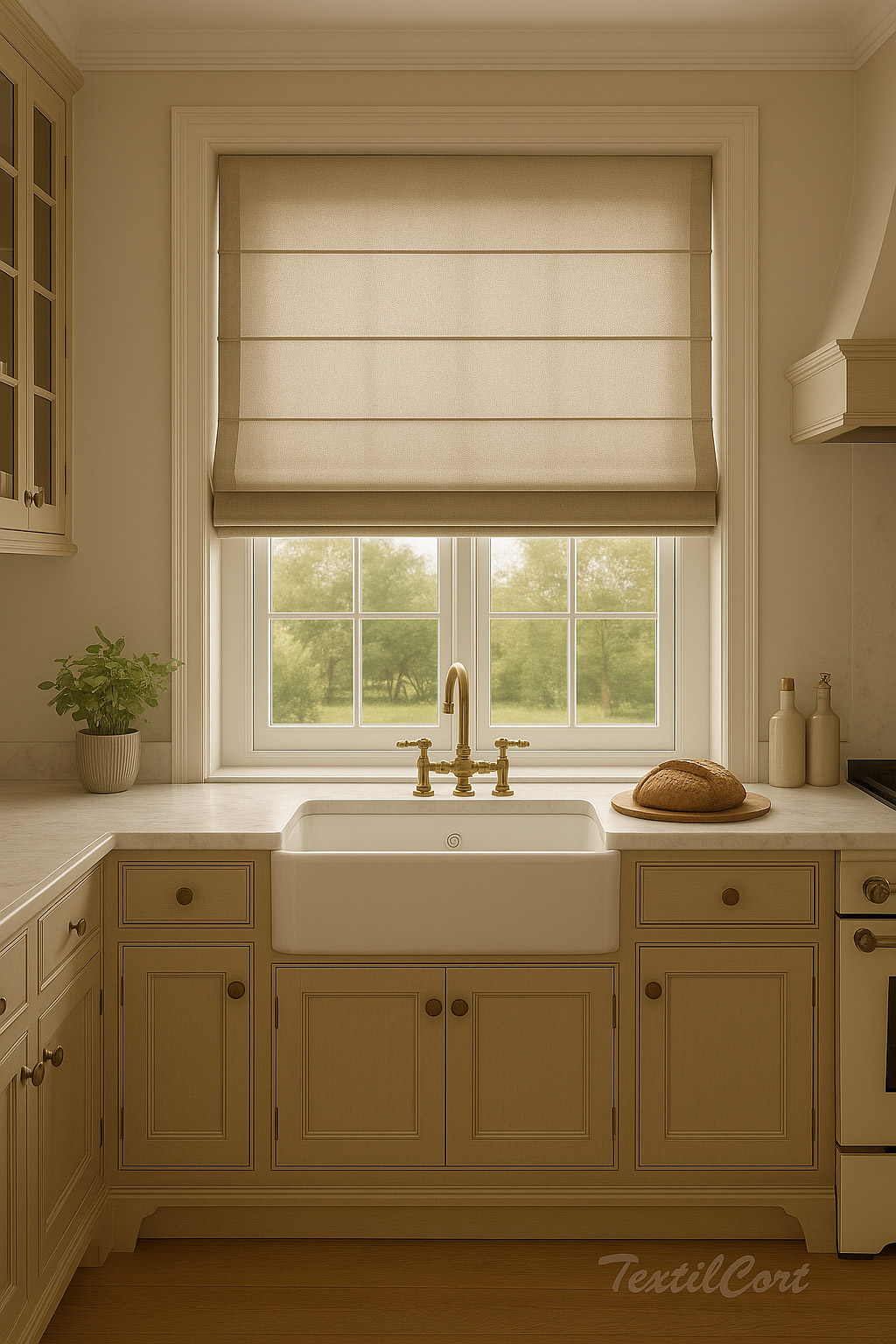 Foto detalle estor lino beige claro en cocina clásica con muebles en tonos crema y grifería dorada