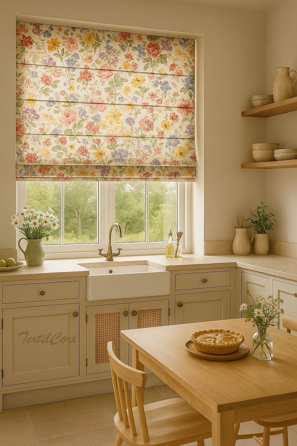 Foto detalle estor floral multicolor en cocina campestre con muebles en tonos claros