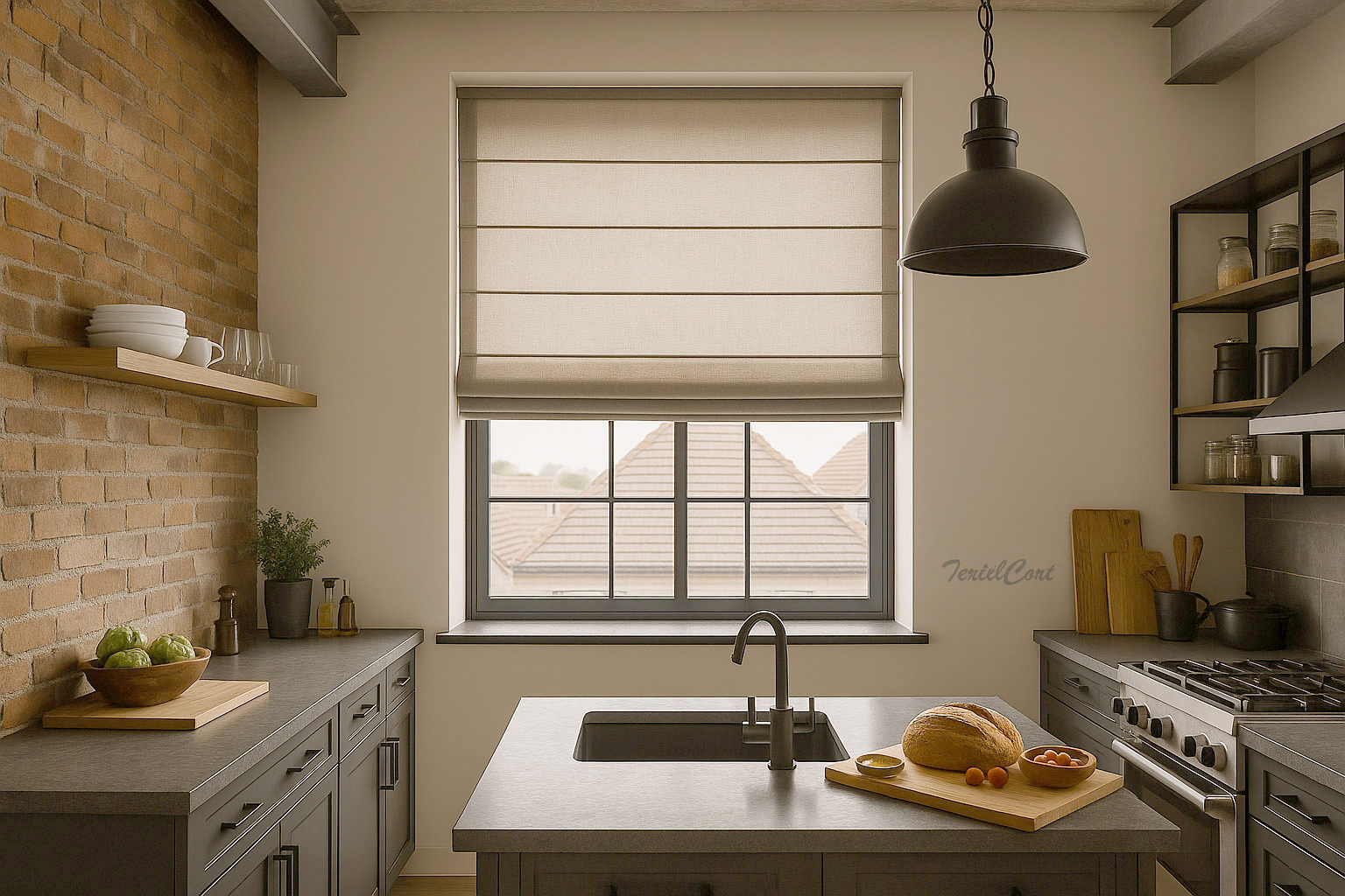 Foto detalle estor lino beige en cocina industrial con pared de ladrillo y mobiliario oscuro