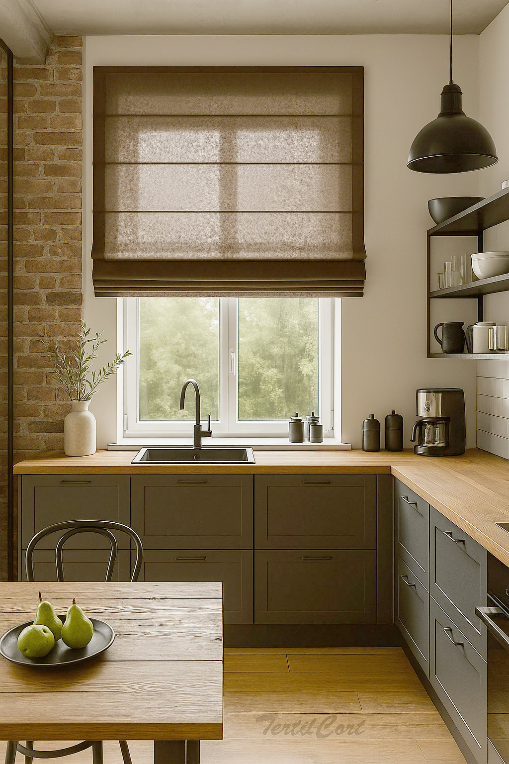 Foto detalle estor marrón oscuro en cocina estilo industrial con muebles de madera y pared de ladrillo
