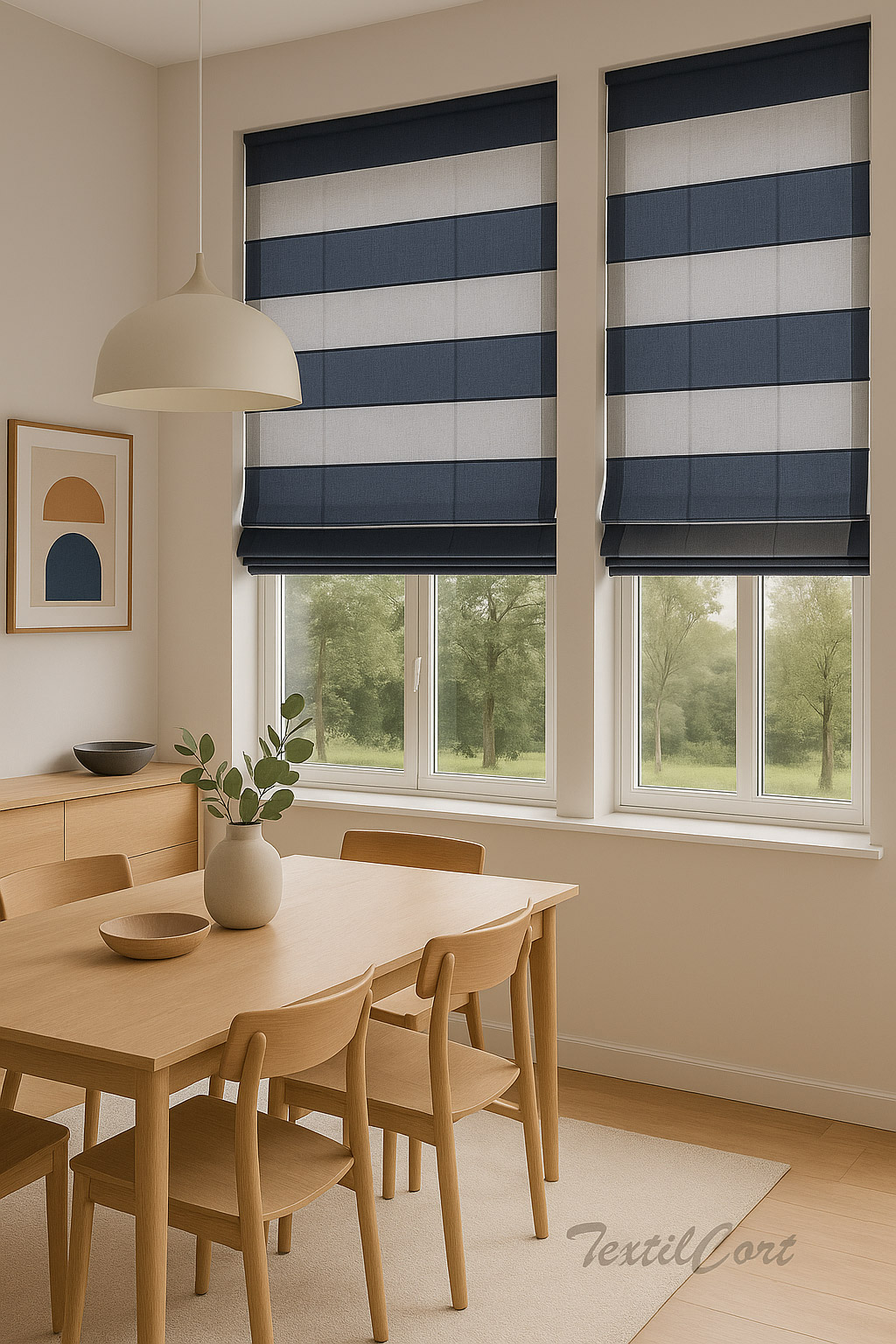 Foto detalle estores listados azul marino y blanco en comedor moderno estilo nórdico