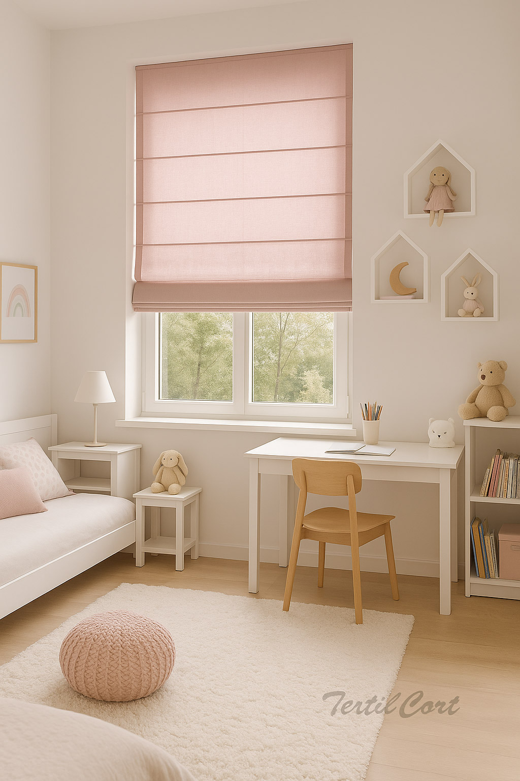 Foto detalle estor infantil rosa en dormitorio de niña con decoración nórdica