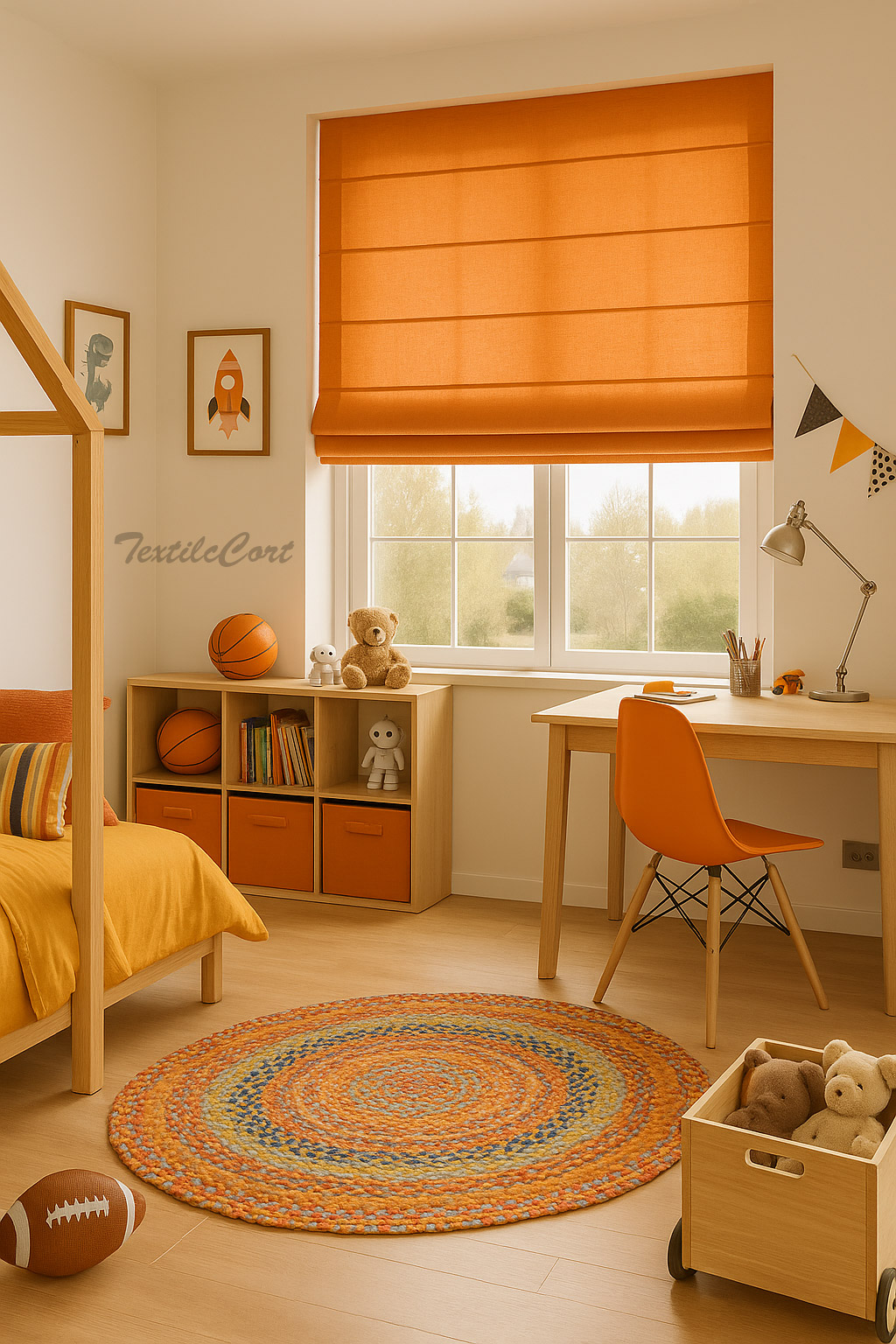 Foto detalle estores juveniles en color naranja en dormitorio cargado de elementos decorativos