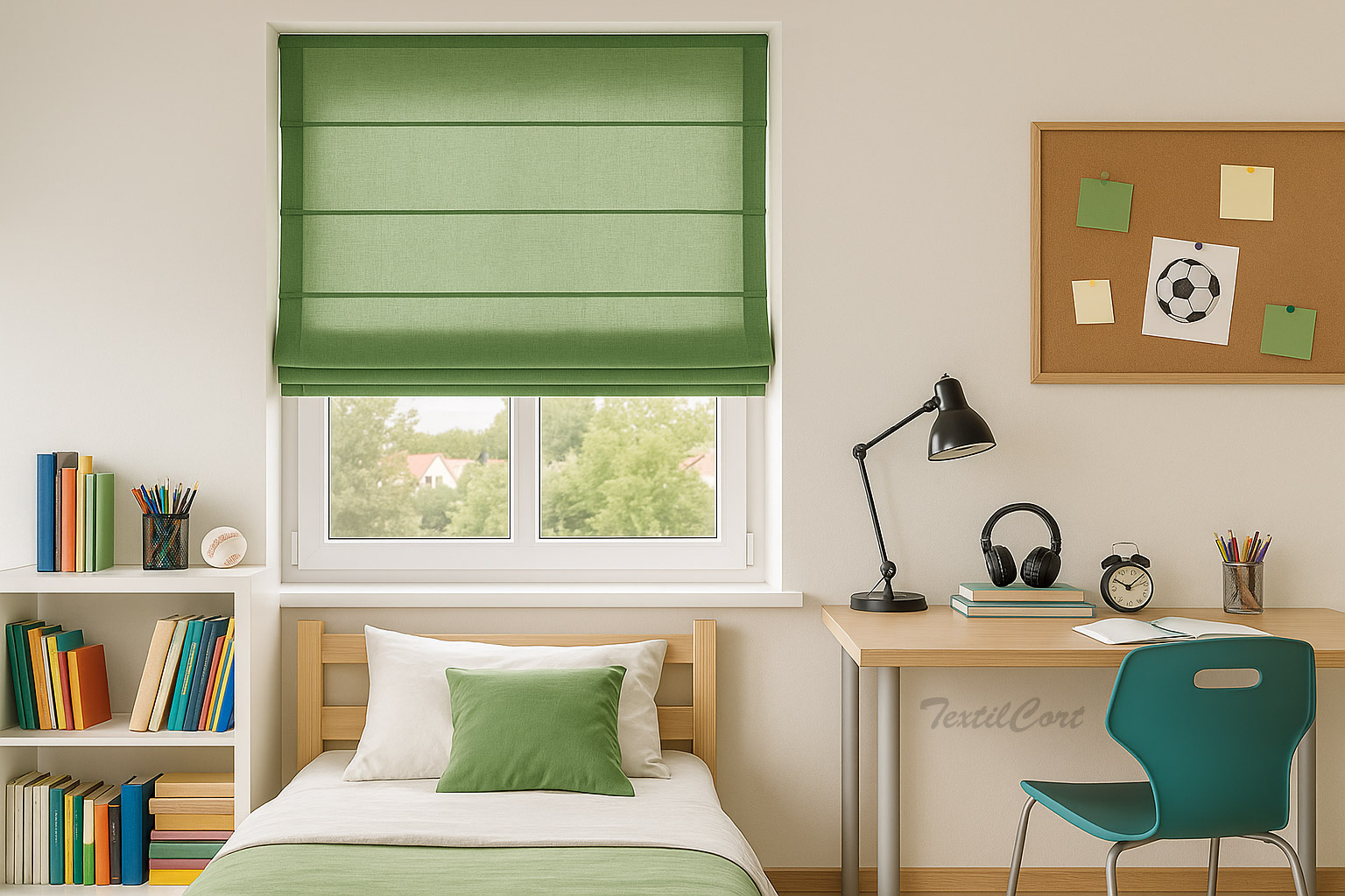 Foto detalle estor juvenil verde en dormitorio con escritorio y estantería de libros