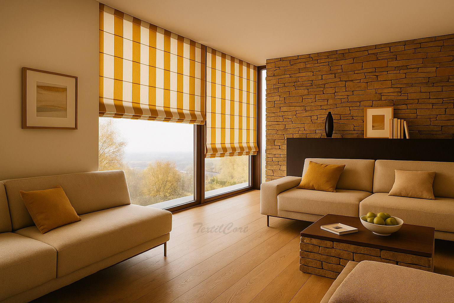 Foto detalle estores plegables listados de color ocre y blanco