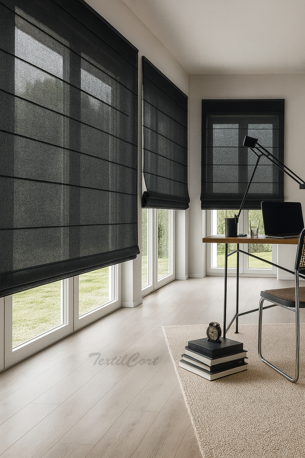 Foto detalle estores plegables visillo en gris neutro